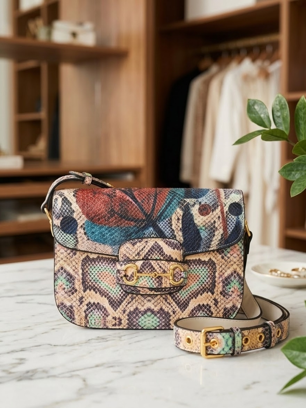 Multicolor Snakeskin-Print Crossbody Bag